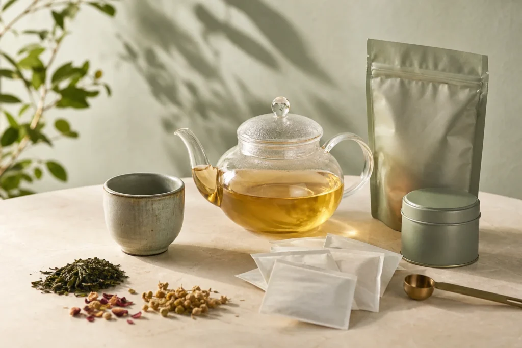 Tetera, taza y diferentes presentaciones de té e infusiones