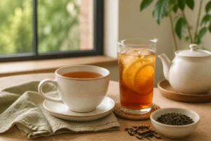 Taza de té caliente y vaso de té frío con hielo sobre una mesa